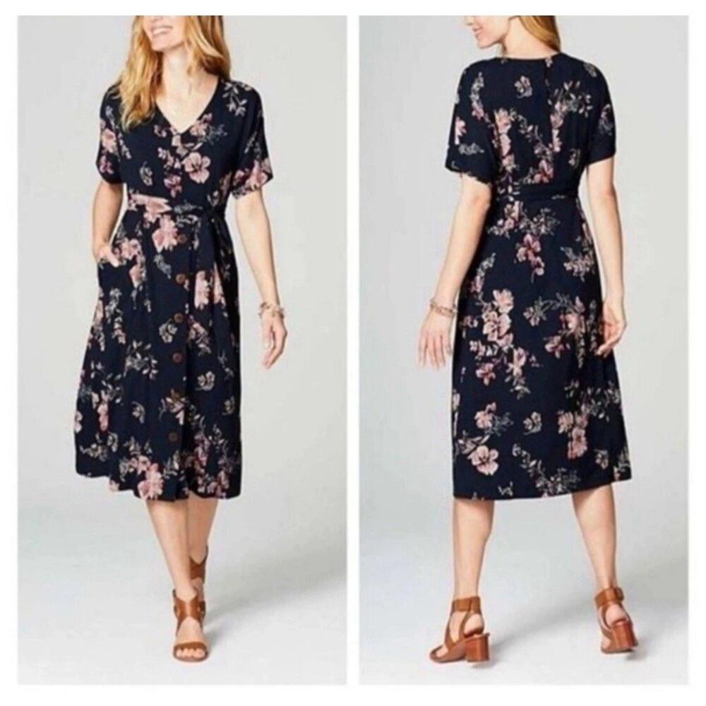 J Jill Floral V Neck, Dolman Sleeves, Button Skirt, Pockets, Midi Dress Size XL